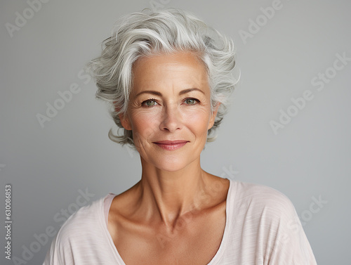 ritratto stile beauty di Donna matura attraente sorridente , foto commerciale di bellezza senza tempo, fondo grigio photo