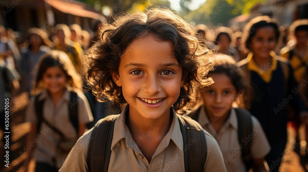 School children. Smiling children looking at the camera with friends in the background. Indian children.