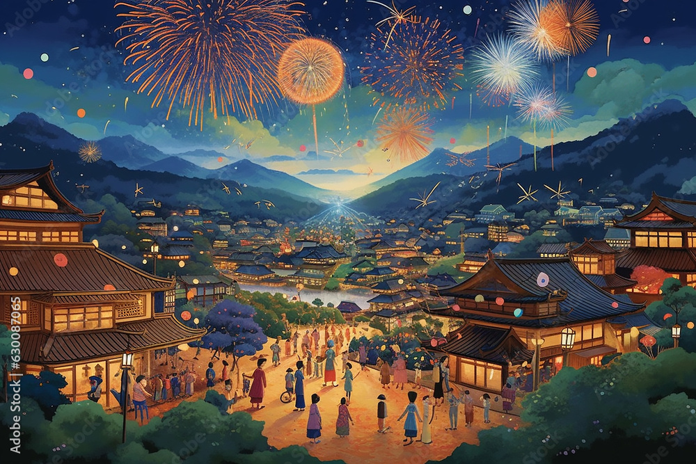 Obraz premium Fireworks in a traditional japanese town at summer night