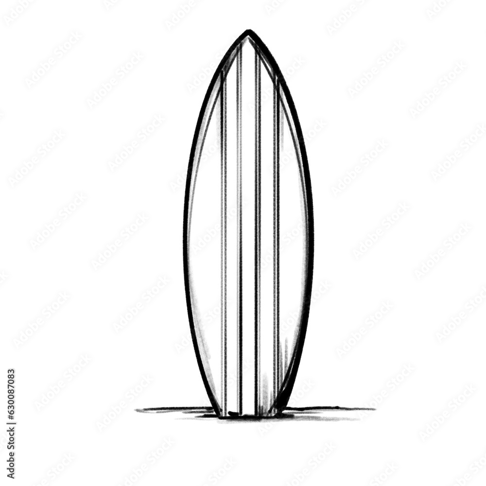 Surf board sticked in sand drawing hand drawn black pencil / transparent PNG Stock