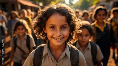School children. Smiling children looking at the camera with friends in the background. Indian children. © sirisakboakaew
