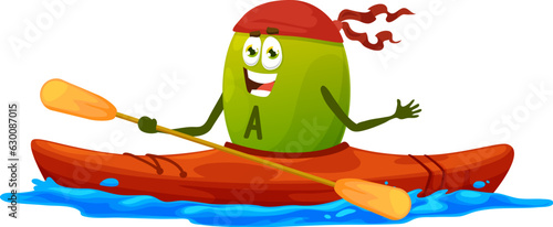 Cartoon vitamin A character on kayak. Funny vector Retinol micronutrient sportsman kayaker rowing boat with paddles in sea or ocean waves. eHealthy lement personage water sport, vacation activity
