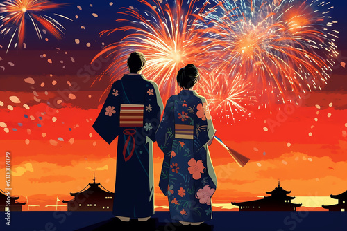 a Japanese couple enjoying the fireworks in the summer night