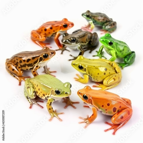 Background from different colorful frogs on white, many different types of amphibians zoological biological natural wallpaper