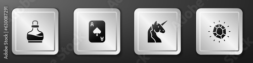 Set Bottle with potion, Playing cards, Unicorn and Magic stone icon. Silver square button. Vector