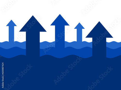 Sea level rise, flood or evaporation. Water is going up and upwards. Vector illustration.
