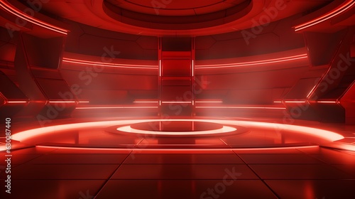Futuristic Room in Red Colors with beautiful Lighting. Stunning Background for Product Presentation.