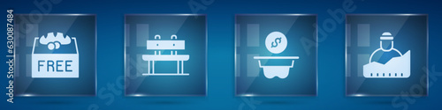Set Donation food, Bench, money and Growth of homeless. Square glass panels. Vector