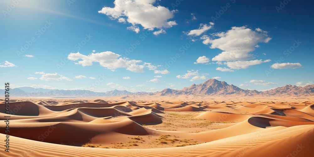 Naklejka premium AI Generated. AI Generative. Sunny orange yellow sand dunes desert landscape background. Adventure vacation travel lifestyle. Graphic Art
