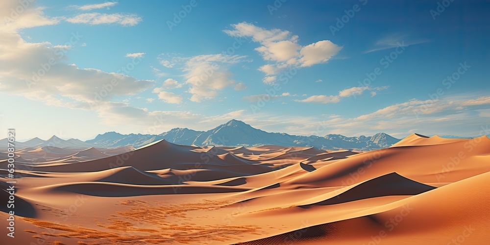 Naklejka premium AI Generated. AI Generative. Sunny orange yellow sand dunes desert landscape background. Adventure vacation travel lifestyle. Amazing world tour