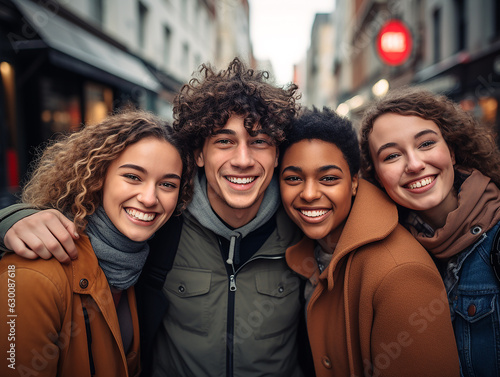 Gruppo multirazziale di amici che si divertono insieme all'aperto sulla strada della città- Giovani allegri che camminano abbracciati fuori- Concetto di stile di vita Next gen z-Studente sorridente ch photo