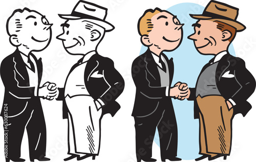 A vintage retro cartoon of two businessmen shaking hands and making a deal. 