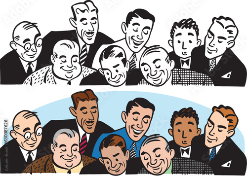 A vintage retro cartoon of a group of men all looking down at something interesting. 