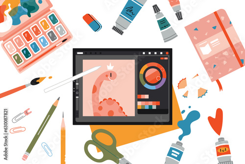 Flatlay, Digital tablet and Art supplies, graphic editor interface, cartoon style. Painting tools elements. Trendy modern vector illustration isolated on white background, hand drawn, flat design