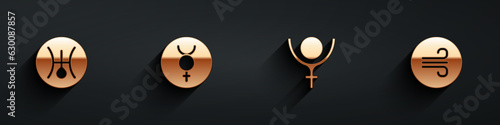 Set Symbol Uranus, Mercury, Pluto and Windy weather icon with long shadow. Vector