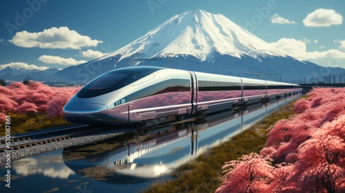Shinkansen or bullet trains run through Mount Fuji and Shibazakura in spring. Shinkansen in Japan.