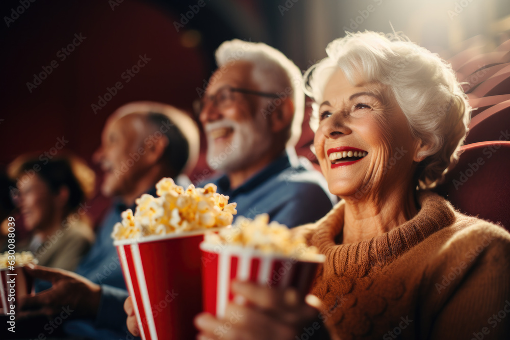 Happy elderly people watching movie in cinema theater. - obrazy, fototapety, plakaty 