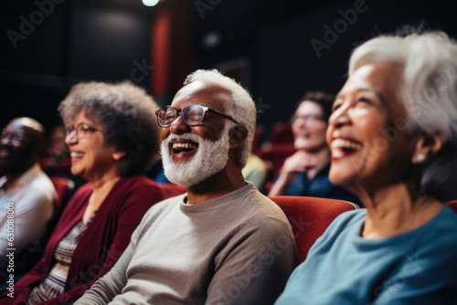 Happy elderly diverse people laughing sitting on chairs in theatre watching performance.