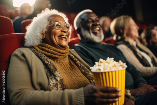 Happy elderly african american couple watching movie with popcorn.