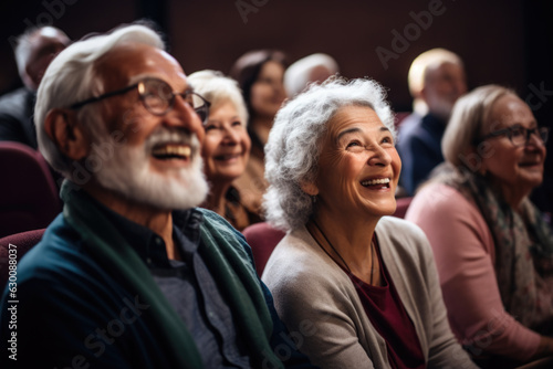Happy elderly people sitting in theater watching performance.
