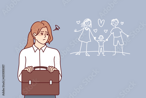 Frustrated business woman suffers dreaming of family life with husband and child. Frustrated businesswoman with briefcase is stressed due to lack harmony and balance between career and personal life