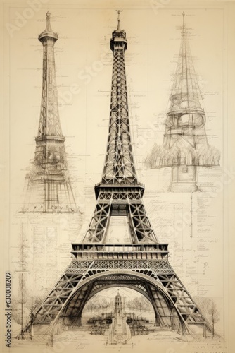 Architectural Hand Sketch of the Eiffel Tower. Generative AI