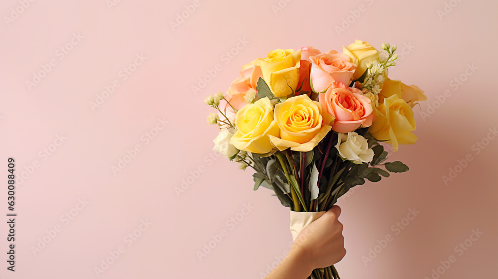 Hand holding a bouquet of pastel colors roses  close-up on a peach color background, copy space.