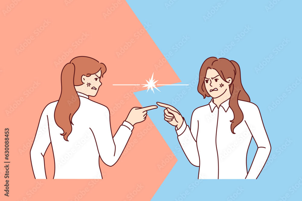 Angry women argue and point fingers at each other, blaming colleague
