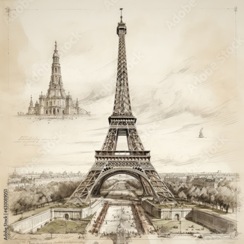 Architectural Hand Sketch of the Eiffel Tower. Generative AI © Ilugram