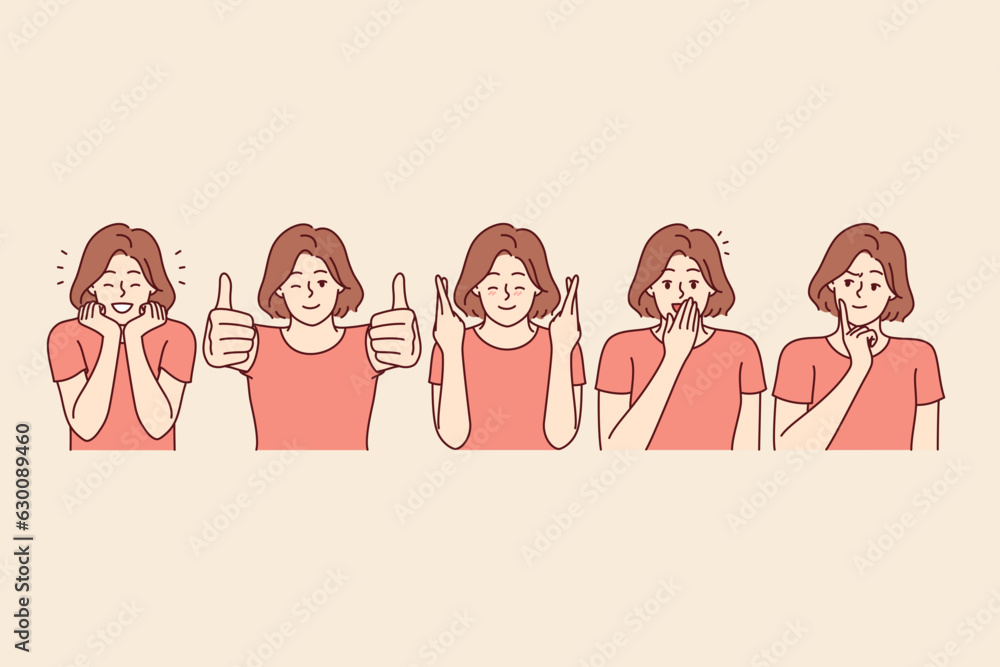 Woman makes happy facial expressions and approving gestures to share good mood and joyful emotions. Set of everyday girls experiencing happy and euphoria or joy from fulfillment of dream Woman makes happy facial expressions and approving gestures to share good mood and joyful emotions. Set of everyday girls experiencing happy and euphoria or joy from fulfillment of dream