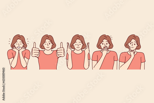 Woman makes happy facial expressions and approving gestures to share good mood and joyful emotions. Set of everyday girls experiencing happy and euphoria or joy from fulfillment of dream