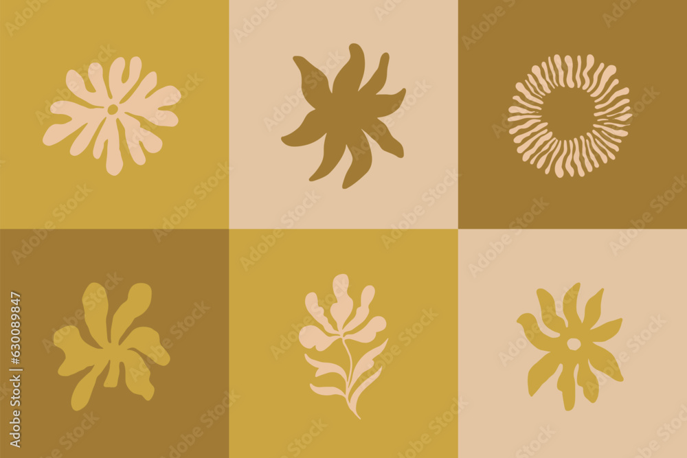 Groovy flowers vector illustration set. Template for wallpaper, banner, postcard, poster, wall art