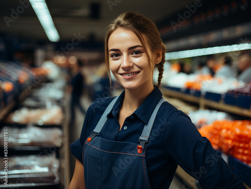 Sorridente giovane caucasica lavoratrice femminile del supermercato in primo piano, sfondo con prodotti tipici del supermercato