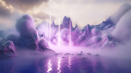 Papier peint photo Pourpre A surreal landscape of majestic purple and white mountains shrouded in fog and reflecting in the still waters of the sky creates a captivating natural wonder  © Glittering Humanity