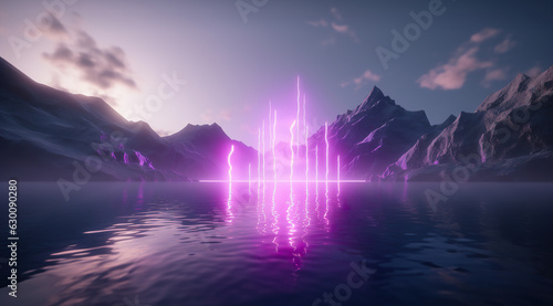 Surreal and majestic, a deep purple sunrise illuminates the reflection of mountains on the still lake, creating an otherworldly landscape beneath a glowing sky