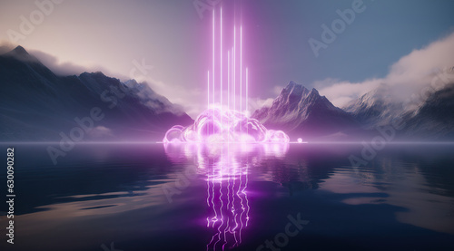 Surrounded by surreal mountains  a vibrant purple light glimmers from the still waters of the lake  reflecting the beauty of the vast sky above