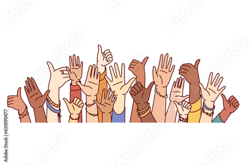 Hands of diverse people showing thumbs up or greeting gestures symbolize unity and harmony in society. Hands of crowd multiethnic men and women united to fight against discrimination and intolerance