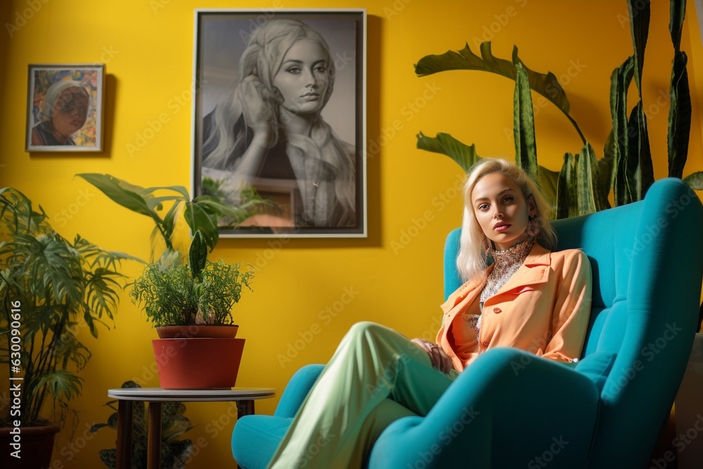 Beauty, fashion, make-up concept. Beautiful young woman portrait sitting on couch in colorful interior background. Vibrant colors and sensual style. Generative AI Beauty, fashion, make-up concept. Beautiful young woman portrait sitting on couch in colorful interior background. Vibrant colors and sensual style. Generative AI