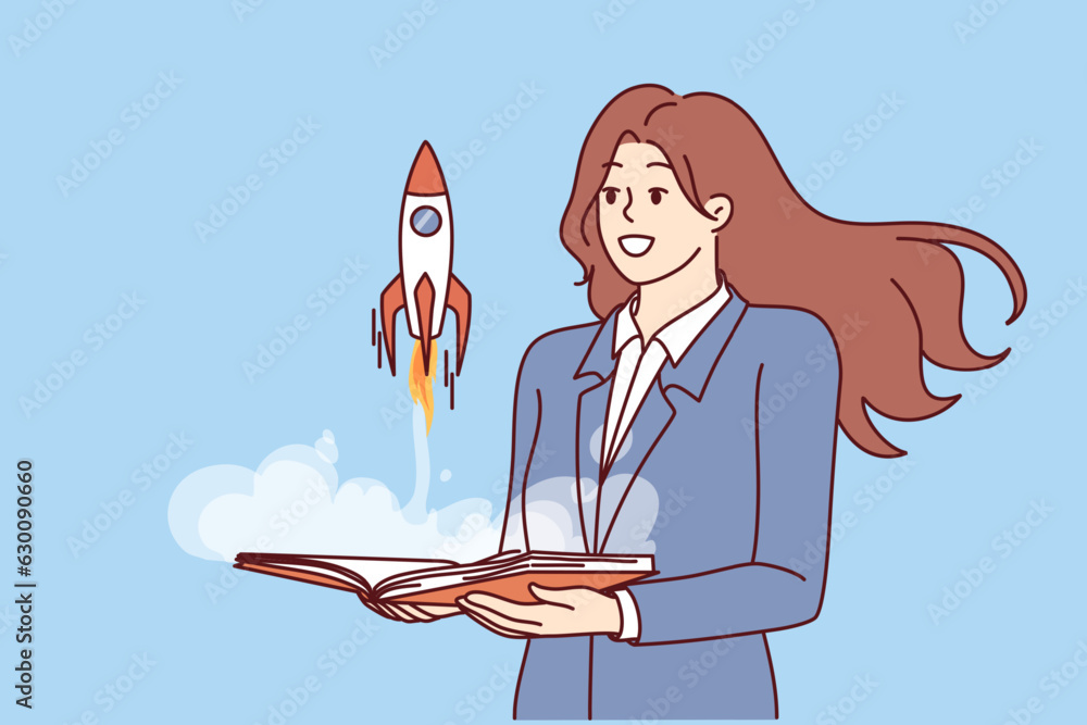 Φωτογραφία Businesswoman near rocket taking off from book symbolizing development of company or successful career in large corporation