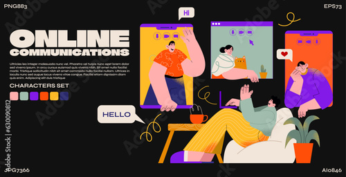 Cartoon characters retro frames of online communication tabs. Memphis style. abstract geometric linear backgrounds in bright colors with characters, online learning, conferences, computer and phone.