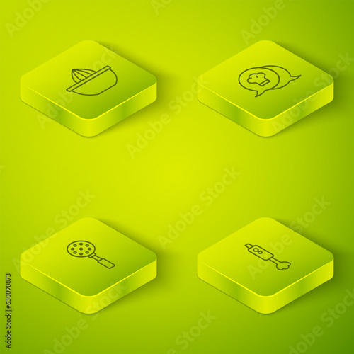 Set Isometric line Chef hat in speech bubble, Spatula, Blender and Citrus fruit juicer icon. Vector