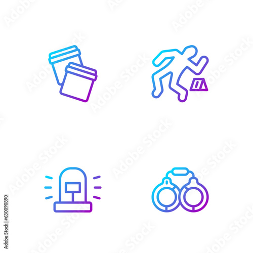 Set line Handcuffs, Flasher siren, Plastic bag with ziplock and Crime scene. Gradient color icons. Vector
