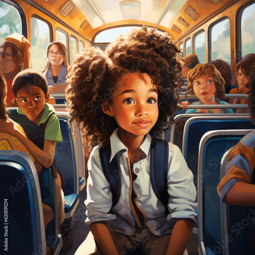 Student children on a school bus. Generative AI.
