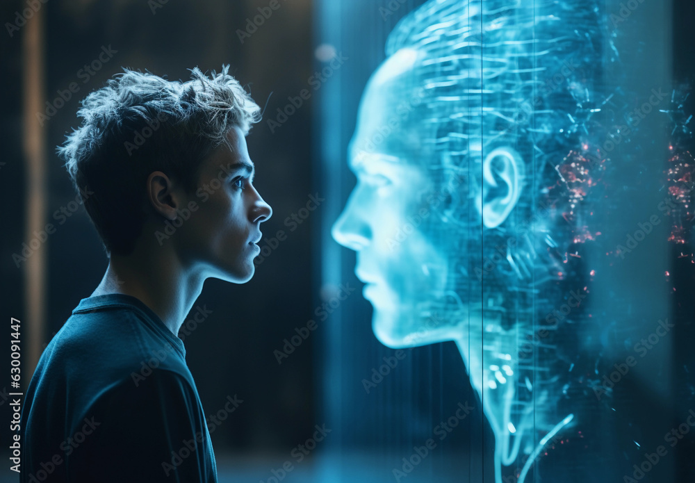 Man intently observes a lifelike AI in the form of a luminous human hologram. artificial intelligence, future of human-AI interaction, holographic technology (Generated with AI) Man intently observes a lifelike AI in the form of a luminous human hologram. artificial intelligence, future of human-AI interaction, holographic technology (Generated with AI)