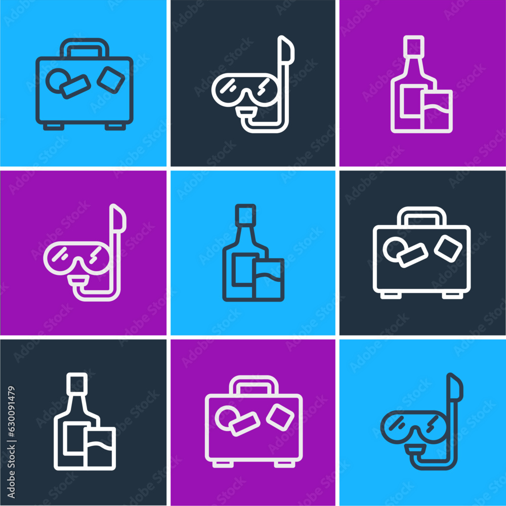 Set line Suitcase, Whiskey bottle and glass and Diving mask snorkel icon. Vector Set line Suitcase, Whiskey bottle and glass and Diving mask snorkel icon. Vector