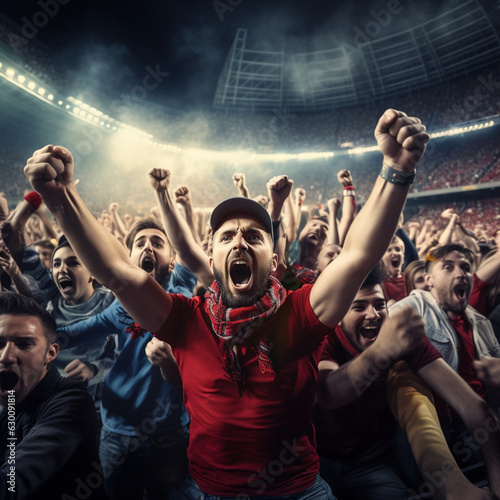 Fans celebrating a goal in a stadium. Generative AI.