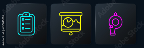 Set line To do list or planning, Whistle and Chalkboard with chart. Black square button. Vector