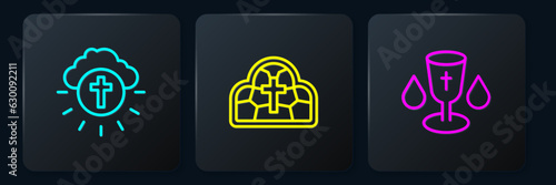 Set line Religious cross in circle, Christian chalice and Stained glass. Black square button. Vector