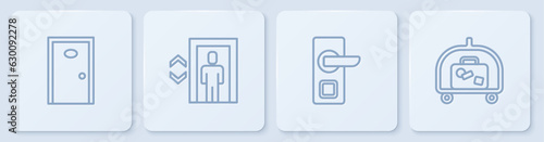 Set line Hotel door, Digital lock, Lift and luggage cart. White square button. Vector