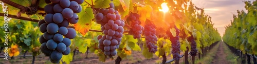 Ripe grapes in vineyard at sunset, Tuscany, Italy.